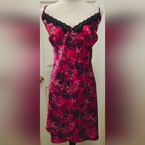 Y2K Plus Size Ambrielle Red & Purple Floral Pattern Satin Lingerie Slip Dress